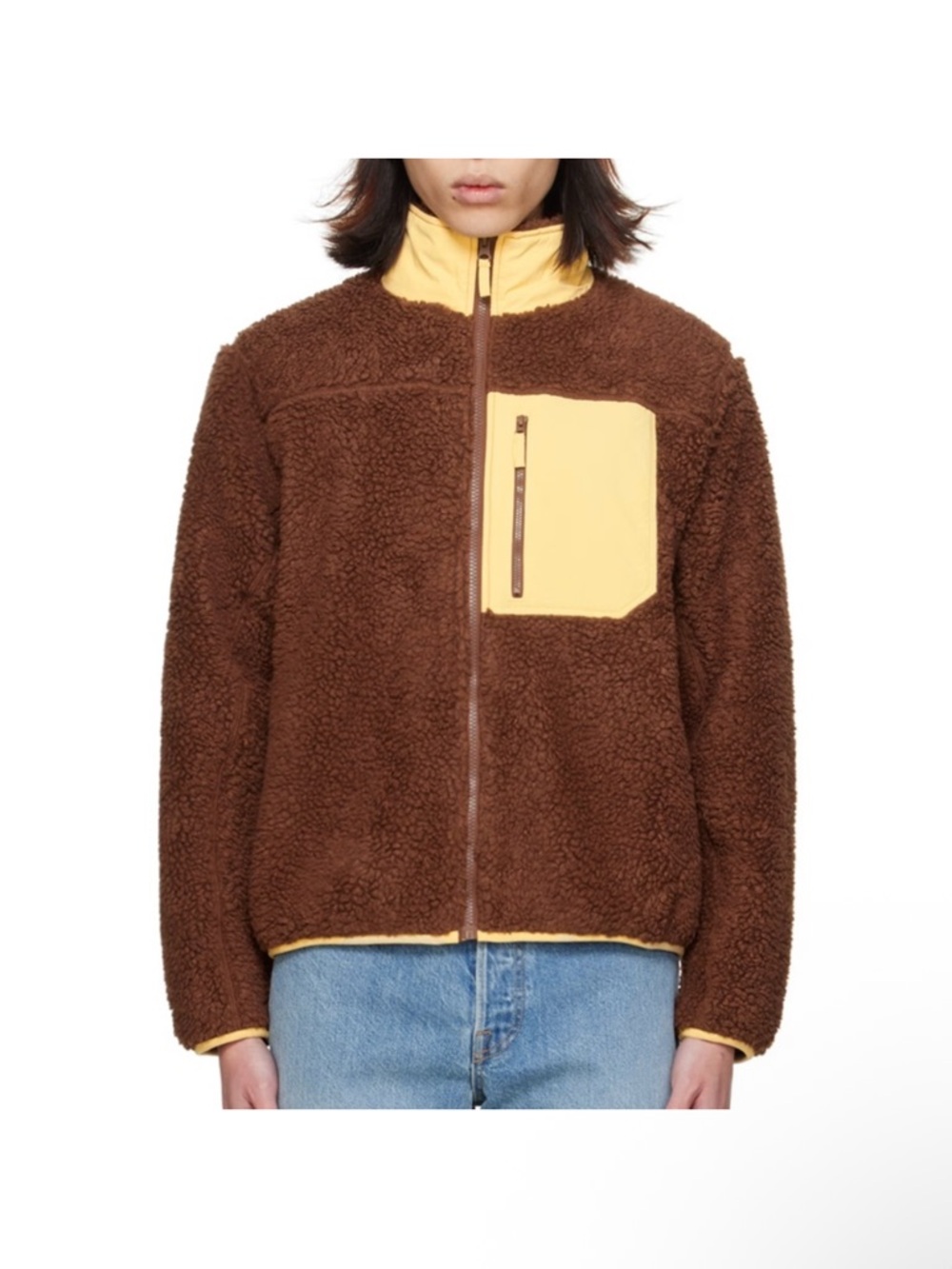 Madhappy Sherpa Fleece Jacket Brown/ Yellow Zip Up Cozy Streetwear Size M - Picture 2 of 4